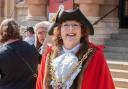 Lynne is proud to be mayor of her native town. Here she is on Suffolk Day 2023 at the Cornhill in Ipswich.