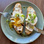Mackerel pate and poached eggs on sourdough toast