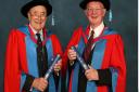 Professor Robin Ling, left and Dr Clive Lee receiving their honorary degrees from Exeter University in 2009 in recognition of their contribution to medical innovation. Photo: Exeter University