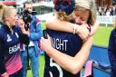 Clare Connor hugs Heather Knight of England during the ICC Women's World Cup 2017 Final between England and India