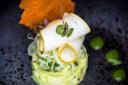 Fennel, pear and avocado tartare; vanilla & fennel gel; topped with a carrot shard and pear carpaccio.Photo by @johnanthonyhollingsworth Posted by @allotmentvegan