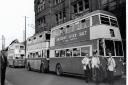 Tower Ramparts school - now demolished - towers above these trolleybuses at Electric House terminus in July 1949. The crew wear their summer jackets.