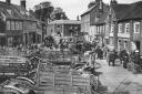Market day in Sturminster Newton in 1906. The fortnightly Monday market moved from the town square later that year to a site near the station