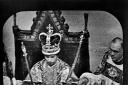 Screen grab of Queen Elizabeth II wearing the St Edward's Crown, at the Coronation ceremony at Westminster Abbey.
