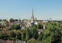 The view from Mousehold Heath, showing many landmarks including Norwich cathedral, The Forum, City Hall and the Roman Catholic cathedral.