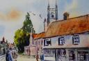 HIGH STREET  Rich in architecture with St. Marys Church tower prominent. Seen from the beautiful surrounding countryside it features in many of Constable's masterpieces (original artwork by James Merriott)