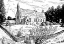 Simonsbath Church.  Simonsbath probably means the pool on Symon’s  (or Sigemund’s) land (Illustration by Richard Blackmore)