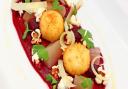 Goat's cheese with pickled beetroot and onion popcorn