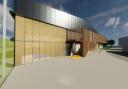An artist’s impression of the entrance to the new sports barn with stairway to the first floor viewing deck