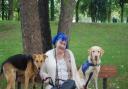 Angela, pictured here with Freya and Siân, has dyed her hair blue to raise money for Support Dogs (justgiving.com/fundraising/Angela-Cookeblue)