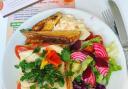 Simply delicious - cheese and tomato Tart of the Day served with veg, salad and herbs grown on the allotment