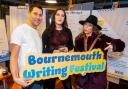 Launch party for Bournemouth Writing Festival  2024: Dominic Wong (Festival Director), Whitney Sharp (author) and Claire Hillier (Bourn Jammy).