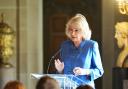 Queen Camilla giving a speech in the Painted Hall during The Queen's Reading Room Festival at Chatsworth House, Bakewel