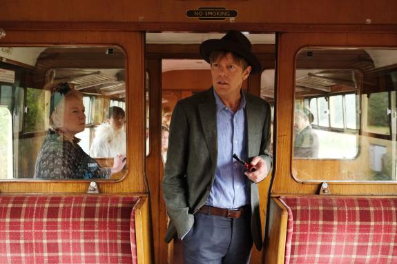 Great British Life: Kris Marshall as DI Humphrey Goodman on the South Devon Railway in the murder mystery scene in BBC One's Beyond Paradise Great British Life: Kris Marshall as DI Humphrey Goodman on the South Devon Railway in the murder mystery scene in BBC One's Beyond Paradise