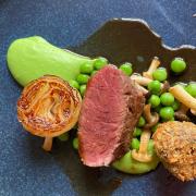 Loin and shoulder of cull yow, with peas, mushroom and roscoff onion