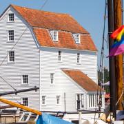Redecorated Woodbridge Tide Mill beams in the sunshine. The mill reopens on July 4. Photo: Simon Ballard