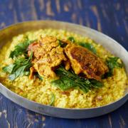 Risotto with coconut milk, saffron lemon spinach and red onion fritters