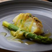 Rapeseed poached Brixham cod, Somerset asparagus, lemon curd