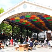 Eat under the umbrellas at the Golden Square in Warrington. Photo: Kirsty Thompson