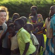 Vicky Kendal taking a selfie with some Congolese pupils