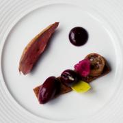 Barbequed squab pigeon with cherries and palm sugar, foie gras mousse Picture by  Emma Wright