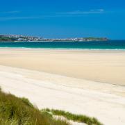 View from the dunes at Porthkidney Sands Beach near Lelant and St Ives Cornwall England UK Europe