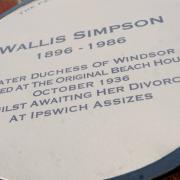 The plaque at the site of Beach House marking Wallis Simpson's stay in Felixstowe. Image: Su Anderson