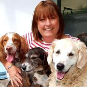 Yvette with some of her Wags on Water guests on board her barge Yaffle at Ipswich Marina. Photo: courtesy Yvette Hart