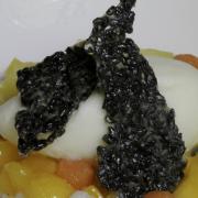 Exotic fruits combine with a lemongrass and white chocolate sorbet, coconut and black sesame seeds