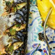 Griddled lemon- and pepper-crusted mackerel fillets with marinated giant couscous