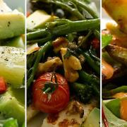Avocado and lime salad; Roasted tenderstem broccoli, grilled halloumi and cherry tomato salad; Warm avocado salad with roasted red pepper dressing