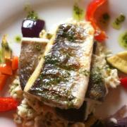 Sea bass fillet and prawn risotto