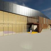 An artist’s impression of the entrance to the new sports barn with stairway to the first floor viewing deck