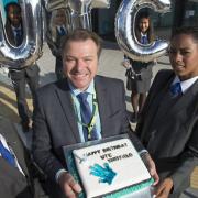 Principal Nick Crew and students celebrate UTC Sheffield's first birthday