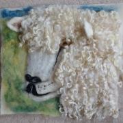 Janice's needlefelt picture of a Cotswold Lion sheep