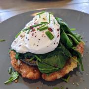 Potato rosti breakfast with mushroom, spinach and egg at The Angel Cafe on Fair Green in Diss