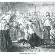 Victorian engraving of Queen Victoria taking her Coronation oath complete with border and text; Taken from Our Gracious Queen 1837-1897