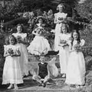 1952: The first Bisley flower queen Edna Clissold (later Cook) with Lorna Brunsdon, Maureen Smith, X Humphries, Jacqueline Hale, Elizabeth Turner and Blodwen Burgess