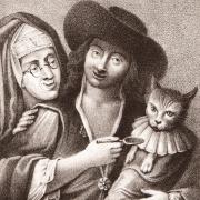 An early engraving showing Whittington feeding his startled dressed cat while a bespectacled cook looks on benignly