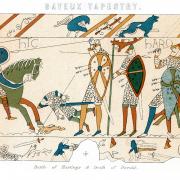 A vintage engraving of the Bayeux Tapestry, which shows Harold being hit in the eye by an arrow - an addiction by 19th century restorers. Getty