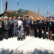Sir Christopher Foxley-Norris in the foreground with fellow veterans and guests at the Battle of Britain Memorial, Capel-le-Ferne. Battle of Britain Memorial Trust