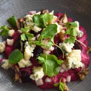 Beetroot foam with cashel blue cheese, apples, watercress, and honeyed walnuts. Photo: Charlotte Bond