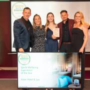 Rachel Mead, editor of Somerset Life (R) presents the GOLD award to Aztec Hotel & Spa for the Spa & Wellbeing Experience of the year.