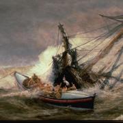 Oil painting by W L Wyllie (1851-1931) of the Southsea lifeboat the Heyland rescuing the crew of a sailing ship.