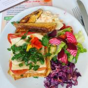 Simply delicious - cheese and tomato Tart of the Day served with veg, salad and herbs grown on the allotment