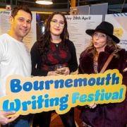 Launch party for Bournemouth Writing Festival  2024: Dominic Wong (Festival Director), Whitney Sharp (author) and Claire Hillier (Bourn Jammy).