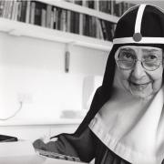 Sister Veronica typing labels. There were always jobs to be undertaken in the office and the garden.