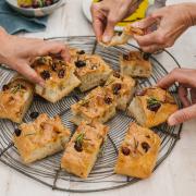 Focaccia with rosemary, olives and sea salt.
