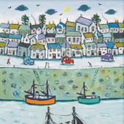Going Fishing from Newlyn Harbour oil on board by Joan Gillchrest