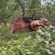 A 7-metre figure of Gaia (Mother Nature) out of fallen mature sequoia (giant redwood) in Sarah Eberle's The Campaign to Protect Rural England Garden: 'On The Edge'